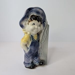 Royal Copley Boy Going Fishing Vintage Hanging Porcelain Planter 6.5 Inches Tall
